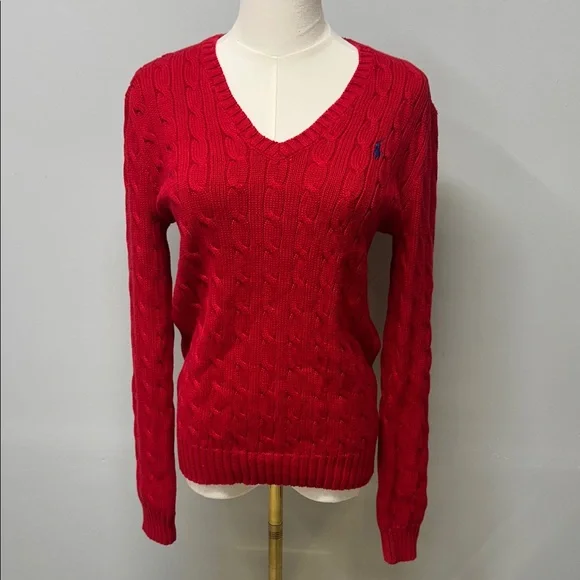 Ralph Lauren Sport Crimson Red Cable Knit V-Neck Sweater Preppy Size Large NWT - Picture 2 of 7